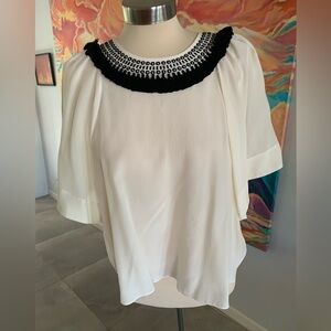 Kate Spade Blouse Cream w Black Fringe Collar M